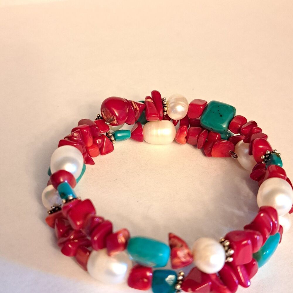 NEW Handmade Coral Turquoise Pearl Natural Gemstones Spring Style Bracelet - Picture 3 of 5